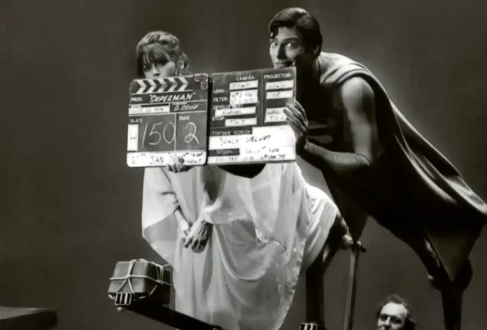 Christopher Reeve and Margot Kidder preparing to fly behind the scenes of Superman 1978