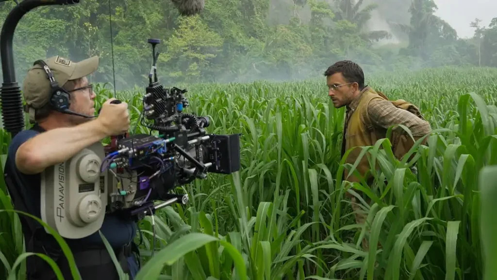 Jonathan Bailey on location for Jurassic World: Rebirth with director and camera operator Gareth Edwards