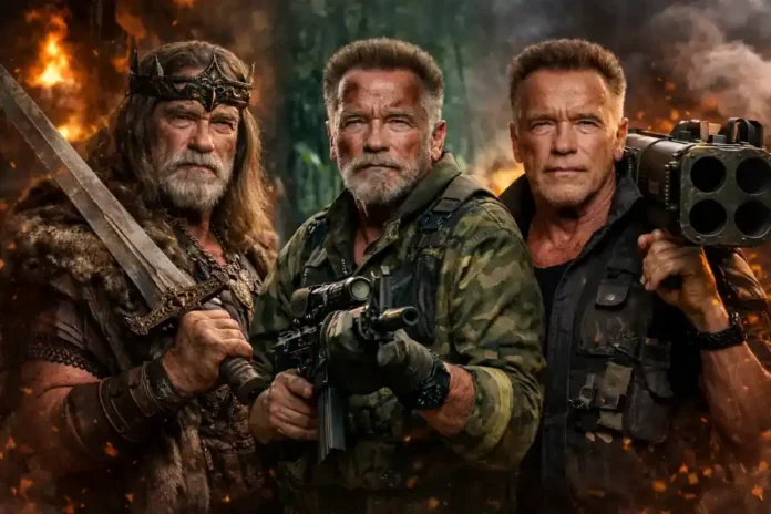 Arnold Schwarzennger in older Conan, Predator and Commando roles